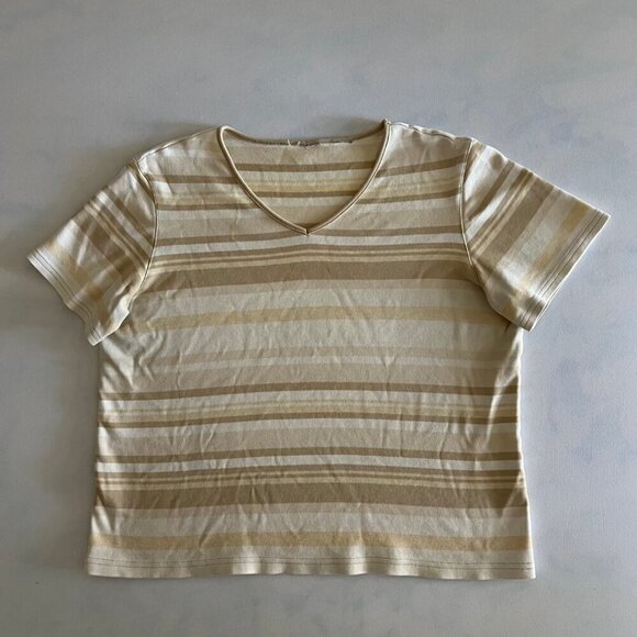 Retro Striped Tan V-Neck Basic Tee Shirt XL - Picture 1 of 4